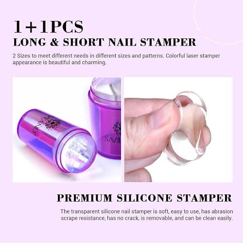 Saviland French Tip Nail Stamp: 5PCS Purple Radium Jelly Stamper Nail Art Stamper Kit, Long & Short Clear Silicone Nail Stamping with Scrapers Nail Stamp for French Manicure thumbnail 3