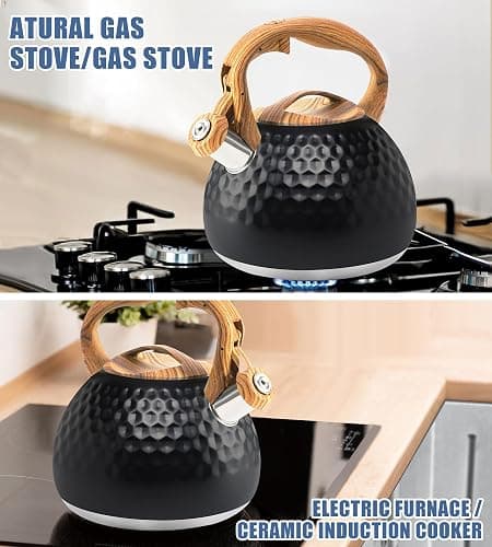 Foedo 3.2Qt Stainless Steel Whistling Tea Kettle Stovetop, Black | Loud Whistling Spout, Cool Touch Wood Grain Handle, Rustproof Food Grade Steel, Compatible With All Stovetops thumbnail 8