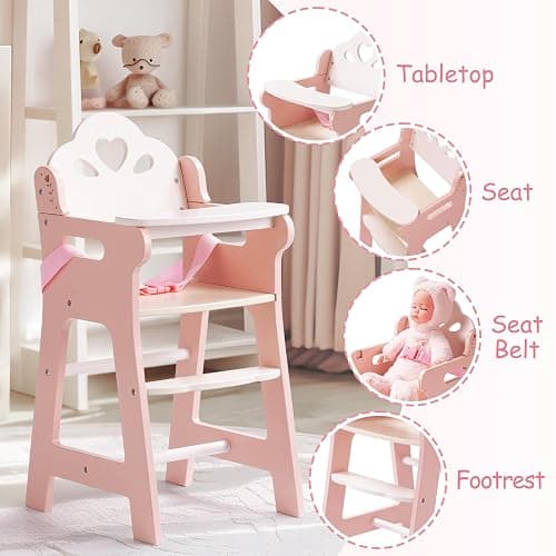 ROBOTIME High Chair for Pretend Play, Wooden Baby Doll Furniture with Safety Belt and Footrest, Fits 18 Inch Dolls, Gift for Ages 3+, White/Pink thumbnail 4