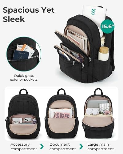 BAGSMART College Laptop Backpack, Travel Backpack for Women, Quilted Casual Daypack, Water-Resistant Bookbag for 15.6 Inch Laptop, Black thumbnail 4