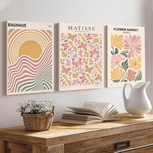 BingruiArt Boho Abstract Wall Art Yellow Canvas Flower Market Posters Set of 3 Bauhaus Pictures Matisse Print Floral Aesthetic Painting Decor for Dorm Living Room Bedroom 12"x16" Framed thumbnail 3