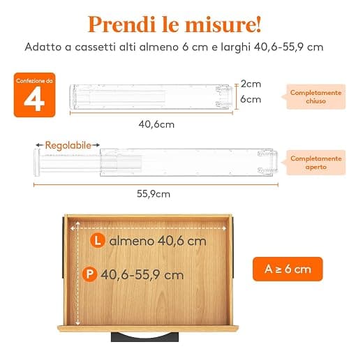 Lifewit 4 Divisori per Cassetti Cucina Alti 6cm, 40.6-56cm, Organizer Regolabili per Utensili, Vestiti e Trucchi, Separatori per Cassetti in Plastica per Camere da Letto thumbnail 2