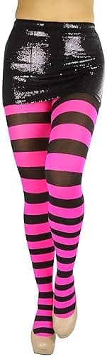 ToBeInStyle Women’s Wide Horizontal Contrast Stripe Tights Opaque Hosiery - One Size - Black and Hot Pink thumbnail 5