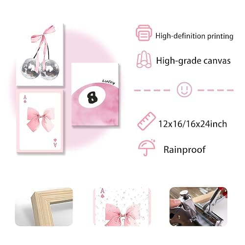 Framed Pink Canvas Wall Decor Set of 3, Pink Bow Wall Art Oil Painting, Girls Preppy Room Decor Picture, Trendy Disco Ball Print Poster for Teen Girl Apartment Bedroom Living Room Aesthetic 12x16 Inch thumbnail 3