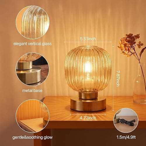 Elenhome Amber Touch Glass Table Lamp Set of 2, 3-Way Dimmable Bedside Lamps, Vintage Mid-Century Modern Nightstand Lamps for Bedroom and Living Room, Ambient Mood Lighting, LED Bulb Included thumbnail 4