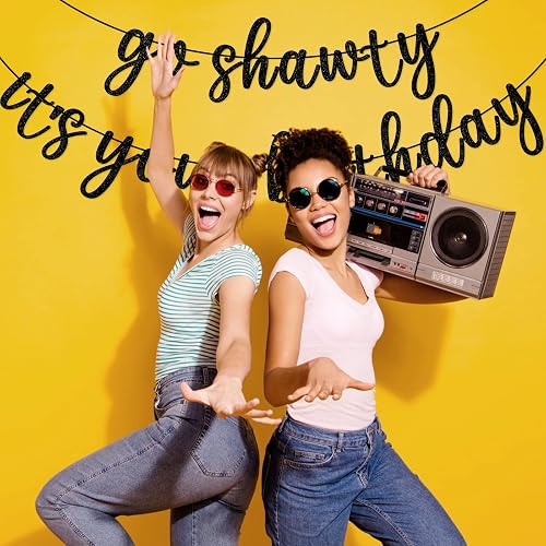 Go Shawty It's Your Birthday Banner, Hip Hop Birthday Party Decorations Supplies, Rap Theme Bday Bunting Sign, Pre-strung, Photo Props (Black) thumbnail 2