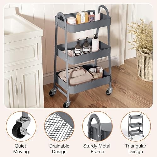 3-Tier Metal Rolling Cart thumbnail 4