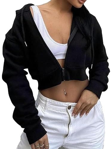 Remidoo Women's Zip Up Cropped Hoodie Crop Top Sweatshirt Drawstring Long Sleeve Jacket thumbnail 6