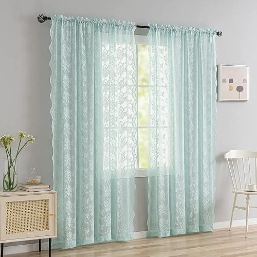 YJ YANJUN Vintage Lace Curtains 84 Inches Long-Victorian Floral Pattern Aqua Sheer Curtain Panels for Living Room Bedroom,Light Filtering, Memaid Beachy Drapes 2 Panels 52W x 84L Mint Green thumbnail 3
