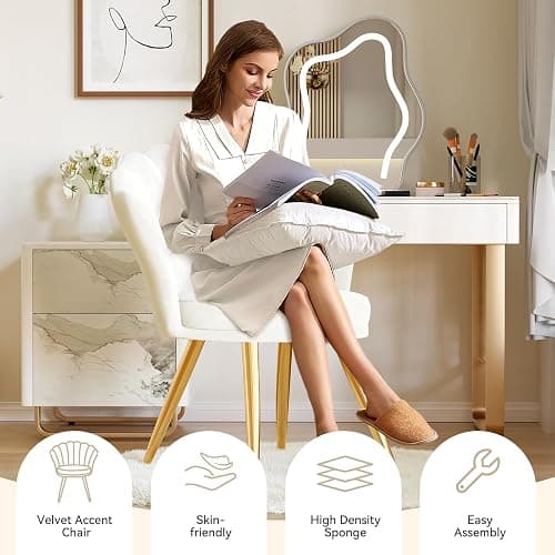 Aivermeil Velvet Accent Chair with Gold Metal Legs, Vanity Chair for Makeup Room, Upholstered Guest Chair for Living Room, for Bedroom, White thumbnail 5
