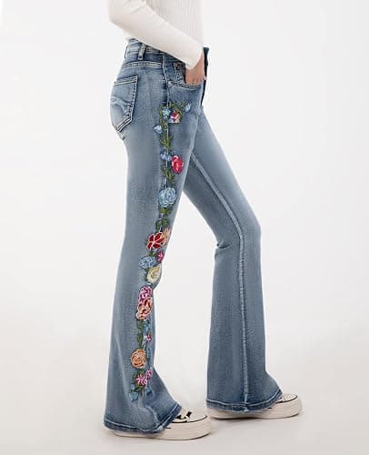 Women's Embroidered Bell Bottom Jeans Stretch Flared Fit Wide Leg Denim Pants thumbnail 2