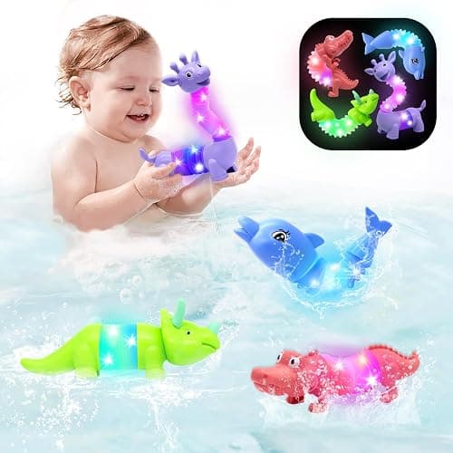 DELEE Bath Toys 4Packs Animal Shaped Pop Tubes Baby Bath Toys with LED Lights Floating Swimming Water Toys,Perfect for Bath Time Fun,Travel,Pool Play,Idea Gift for 3 4 5 year olds Toddlers and Kids thumbnail 8