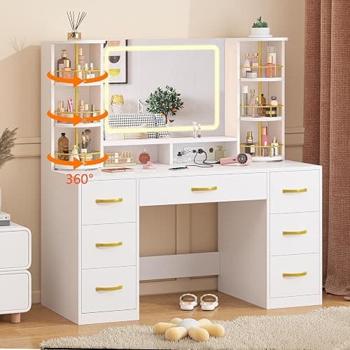 CSZZD White Vanity Desk with 360° Rotating Organizer & Charging Station | Large Makeup Vanity with LED Lighted Mirror and 6 Storage Drawers, Bedroom Vanity Table for Women Girls - Image 1
