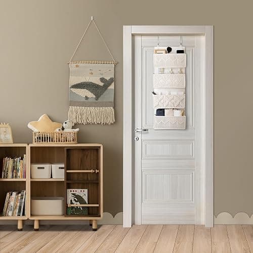 janebeauties Over the Door Organizer Macrame Boho Nursery Storage with 4 Large Woven Pockets, Hanging Basket for Bathroom, Nursery & Closet Doors, Behind the Door Storage Organizer, Cream White thumbnail 2
