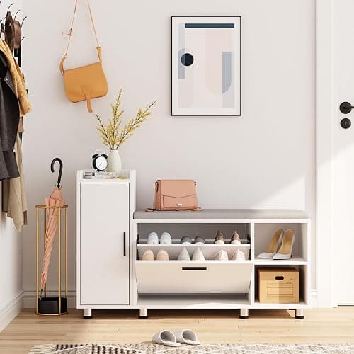 Maupvit Shoe Storage Bench with Flip Drawer Shoe Cabinet, 8 Adjustable Metal Feet, White - Image 1