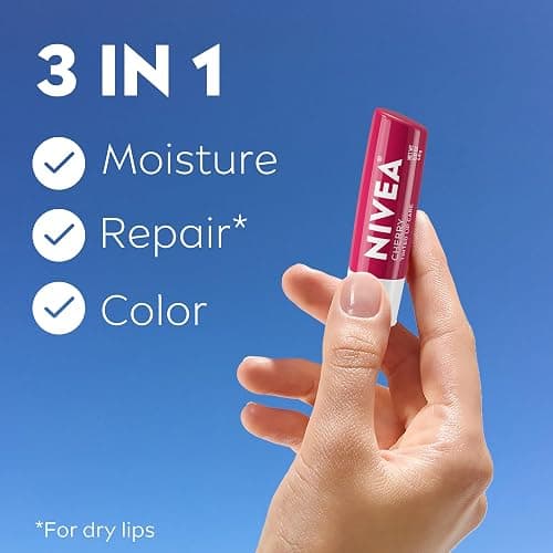 NIVEA Cherry Lip Care, Tinted Lip Balms with Shea Butter, 4 x 0.17 OZ | Ruby Tinted Lip Balm with Shea Butter, Nourishing Oils and Vitamins, 3-in-1 Moisture, Repair Dry Lips and Color, Vegan thumbnail 3