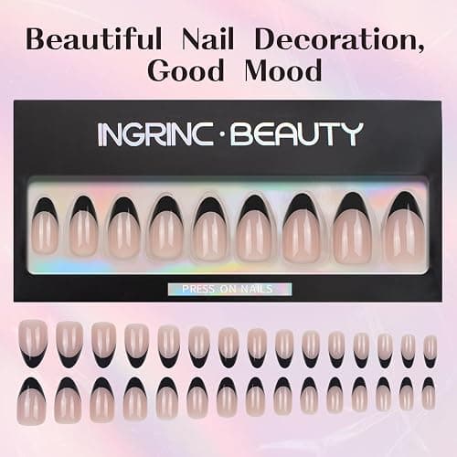 Black French Tip Press On Nails, Short Almond Medium Fake Nails with Nail Glue, Reusable Soft Gel Stick On Nails for Women Girls Gift, 30PC Elegant Glue On Nails Kit thumbnail 3