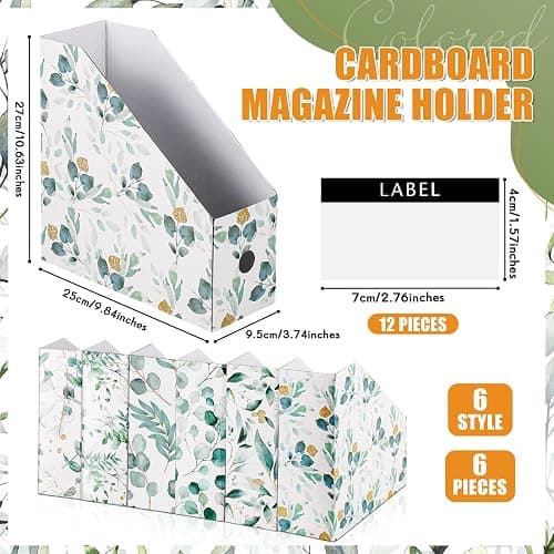 PerKoop 6 Pcs Decorative Magazine File Holders Foldable, Eucalyptus Leaves | Eucalyptus Leaves Pattern Design, Rack Desk Organizer Documents, with Printable Labels, for School Office Home Organization thumbnail 3