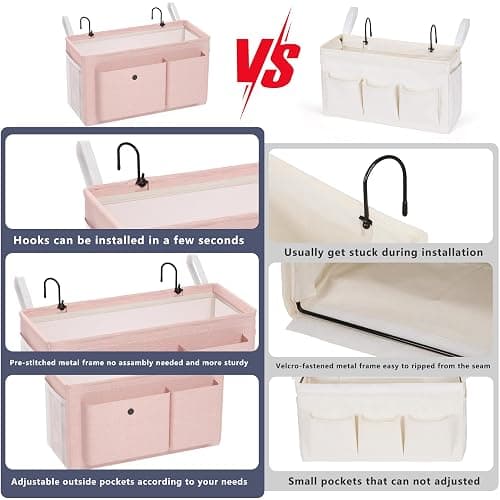 Bedside Caddy Bedside Organizer with Fixed Straps & Water Bottle Holder, Bunk Bed Caddy ideal for Home, Dorm, Hospital, Crib, Versatile Bedside Storage Solution (Pink) thumbnail 4