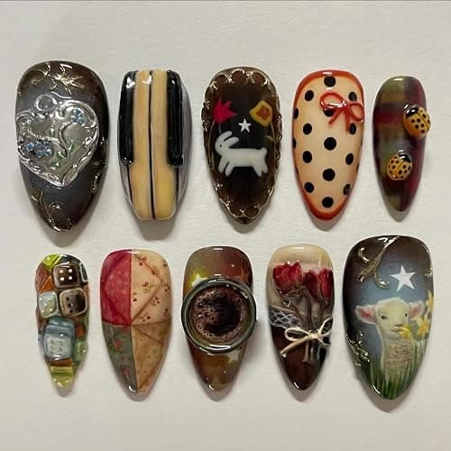 BABALAL Press on Nails Medium Almond Fake Nails Colorful Anime Glue ons Design Rabbit Sheep Flower Y2k Manicure Supplies Handmade Art 24Pcs Glossy Custom Full Cover Acrylic False Nails for Women Girls - Image 1