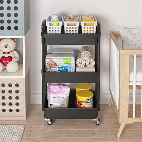 Calmootey 3-Tier Utility Cart with Drawer & Wheels, Storage for Home,Office | Space-Saving Organizer, Sturdy Plastic Shelves, Smooth-Rolling Metal Wheels, Built-in Drawer for Small Items, Black thumbnail 4