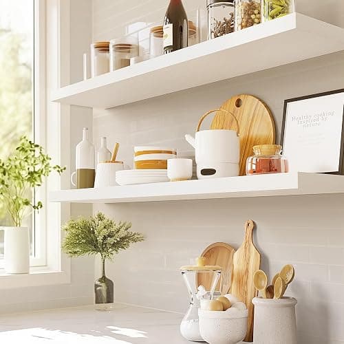 AMADA HOMEFURNISHING Floating Shelves Wall Mounted, 32 x 7 Inch Wall Shelves for Bathroom, Bedroom, Living Room, White Shelves Set of 2 | Wall Shelves with Hidden Bracket, Solid MDF Wood, 22 lbs Max Load per Shelf, Easy to Assemble, Multi-Wall Compatible thumbnail 3