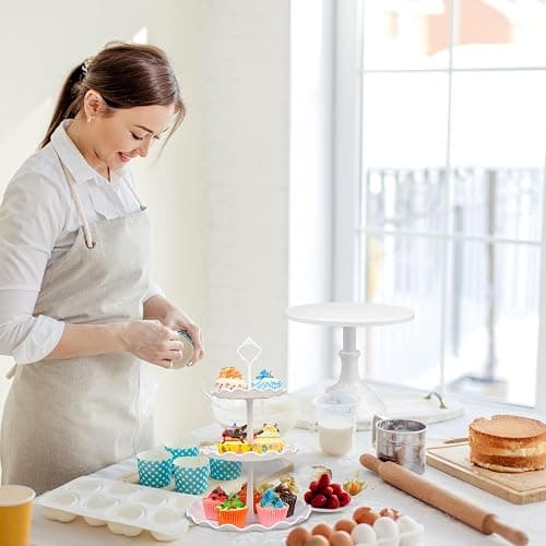 7 Pcs White Dessert Table Stand Set - 1Pcs Metal Cake Stand 2Pcs 3-Tier Plastic Cupcake Stands Cookie Tray Rack Serving Tray Cake Display Tower and 4 Dessert Trays for Wedding Party Baby Shower thumbnail 6
