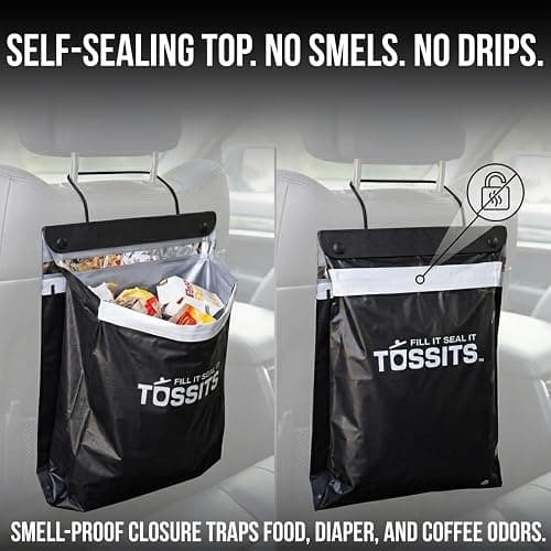 Tossits Recycled Disposable Car Trash Bags – Leakproof, Smell Proof Hanging Garbage Bags for Car, Truck, SUV, RV & Vehicle – Black, 21 Count Disposable Automotive Trash Bags thumbnail 4