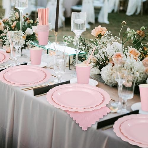 125 Pcs Pink Paper Plates and Napkins, Light Pink Party Supplies Include Scalloped Plate Napkins Cups Paper Straws for Baby Shower, Wedding, Birthday thumbnail 2