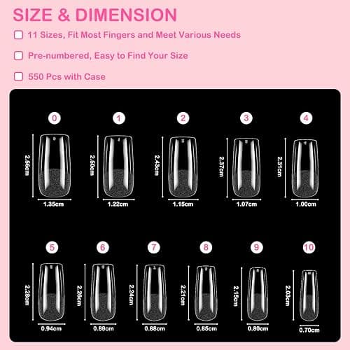 Diboniur 550 Pièces Capsule Americaine Ongle Carré, Faux Ongles Moyen | Capsules en 11 tailles, idéales pour débutantes et manucure DIY rapide à la maison, effet naturel et couverture totale thumbnail 2