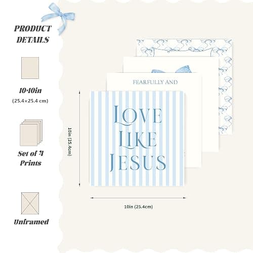 LARTSFRO Coquette Blue Bow Jesus Wall Art Decor Posters, Light Blue Bow Room Bedroom Bathroom Wall Art Decor Aesthetic for Teen Girls Gifts, Inspirational Bible Verses Bow Wall Decor, 10x10 Inch Set of 4 Unframed Bow Pictures thumbnail 2