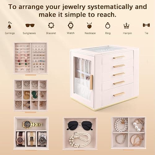 Homeanda Jewellery Box, Large 5-Layer Organiser Case with Glass Lid, Beige | Modern PU Leather Case with Drawers & Side Necklace Hooks, Velvet Organiser for Rings & Earrings, Gift for Women & Girls thumbnail 4