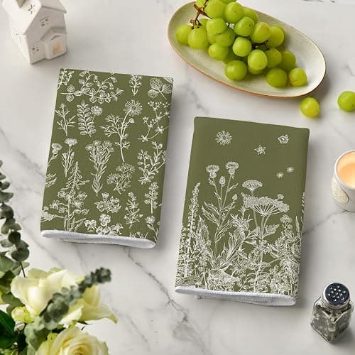 Artoid Mode Green Antique Herbs Wild Flowers Leaves Spring Kitchen Towels Dish Towels, 18x26 Inch Seasonal Decoration Hand Towels Set of 2 thumbnail 4
