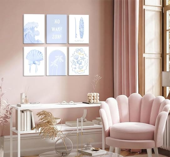 6pcs Blue Coastal Beach Wall Art Coastal Granddaughter Bow Shells Aesthetic Painting Picture Wall Decor No Wake Zone Preppy Poster Print Artwork for Living Room Bedroom Bathroom Dorm Home Decoration thumbnail 3