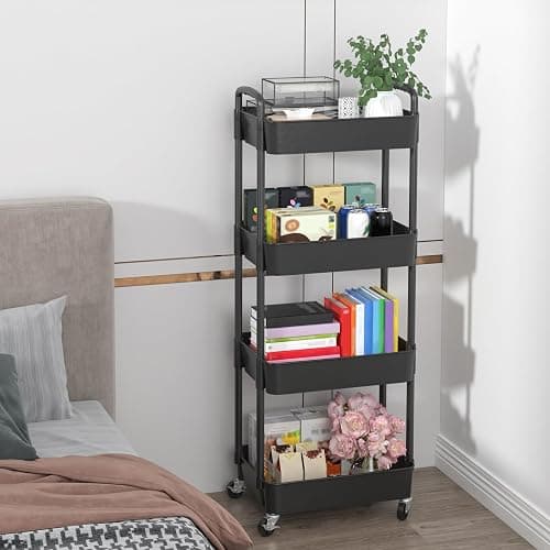 Sywhitta 4-Tier Plastic Rolling Utility Cart with Handle, Multi-Functional Storage Trolley for Office, Living Room, Kitchen, Movable Storage Organizer with Wheels, Black thumbnail 6