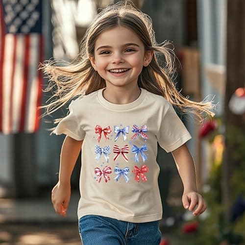 Goengmo Toddler Girl American Flag Shirt 4th of July Tshirt Cotton Short Sleeve Tees 2-12 Years - Bow Apricot - 11-12 Years thumbnail 5