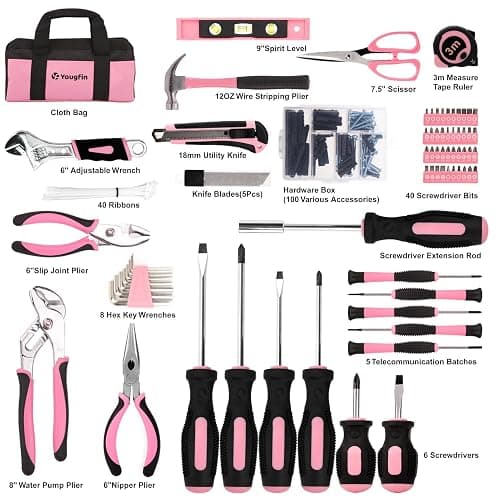 Yougfin Pink Tool Set, 215 Pcs Lady's General Home Repairing Tools Kit For Girls & Women With Portable Bags, Includes All Essential for Home, Garage, Office and College Dormitory Use, Pink & Black thumbnail 7