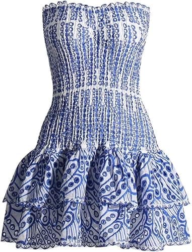 Tube Top Preppy Dress Women Y2k Blue Floral Strapless Mini Dress Vintage Short Going Out Dresses - Image 1