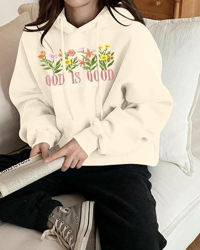 DUTUT Christian Sweatshirts Women Oversized: Jesus Hoodie God is Good Bible Verse Pullover Long Sleeve Tops thumbnail 4