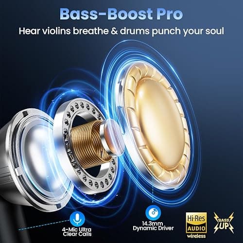 Haqquio Wireless Earbuds, Bluetooth Headphones with Deep Bass Stereo, 48H Playback Ear Buds with LED Power Display, Lightweight, IPX7, in-Ear Earphones with Mic for iPhone/Android/iPad, Black thumbnail 2
