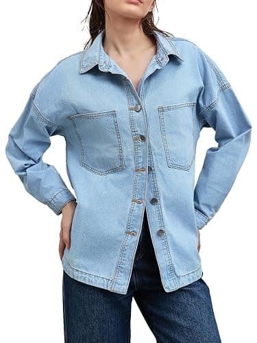 Women Denim Jacket Shacket Long Sleeve Oversize Boyfriend Jean Jacket Shirt thumbnail 7