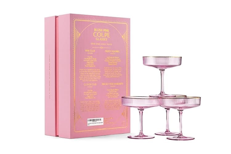 GLASSIQUE CADEAU Vintage Art Deco Blush Pink Coupe Glasses with Gold Rims | Set of 4 | 7 oz Crystal Ribbed Cocktail Glassware for Drinking Champagne, Martini, Cosmopolitan | Girly Speakeasy Saucers thumbnail 7