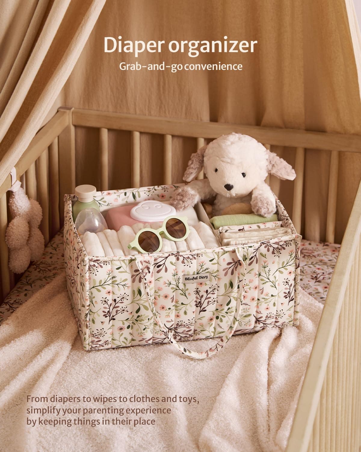 Blissful Diary Baby Nappy Caddy Organiser, Stylish Baby Diaper Caddy Storage Basket for Newborn Essentials and Diaper Station, Pastoral Daisy thumbnail 4