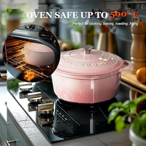 Overmont Bräter emaille Gusseisen Topf - Schmortopf 26cm backofengeeignet - mit Deckel und Kochbuch - für Küche Backen Schmoren Braten Rosa thumbnail 4