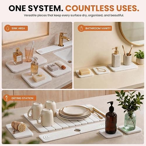 6-Pack Large Stone Dish Drying Mat for Kitchen Counter 23”x15” - Quick-Dry Absorbent Diatomaceous Earth Mat Set - Stone Faucet Mat 4"x23" + 3 Stone Trays 4"x8", 4"x4"+ Bamboo Palm Brush (White) thumbnail 5