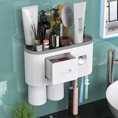 Toothbrush Holder Wall Mounted, Automatic Toothpaste Dispenser Squeezer Kit -Magnetic Toothbrush Holder for Bathroom and Vanity, 4 Brush Slots 2 Cups 1 Cosmetic Drawer - Grey - 2 cups - Image 1
