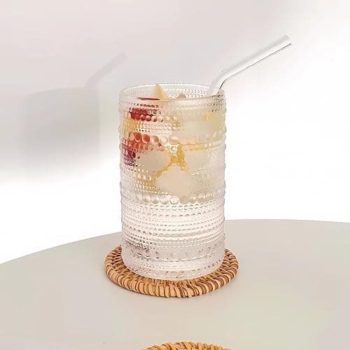 Ework4U 2 Pcs Iced Coffee Glasses Cups with Glass Lids and Straws,12 oz Thick Emboss Beaded Drinking Glass Cup Set,Latte Glasses,Ideal for Water,Soda,Gift - with Cleaning Brushe thumbnail 2