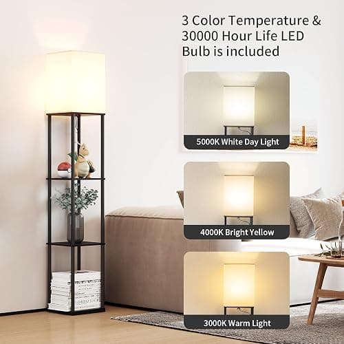 SUNMORY Floor Lamp with Shelves, Modern Square Standing Lamp with 3 Color Temperature Bulb, Corner Display Bookshelf Lamp for Living Room and Bedroom(Black) thumbnail 2