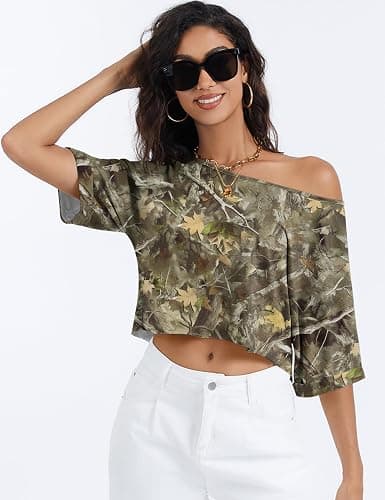 Kistore Off The Shoulder Tops for Women Going Out Short Sleeve Crop Top Boat Neck Loose T Shirt thumbnail 2