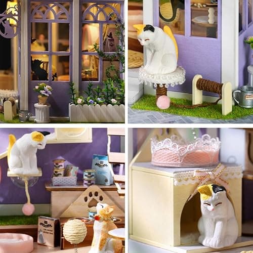 DIY Puppenhaus Miniatur Kit, Mini Cat Pet Shop Puzzle Modell 1:24 Kätzchen Puppenhaus Möbel Zubehör und LED Lichter Kinder Teen und Erwachsene bauen Geschenk (Cat Store) thumbnail 5